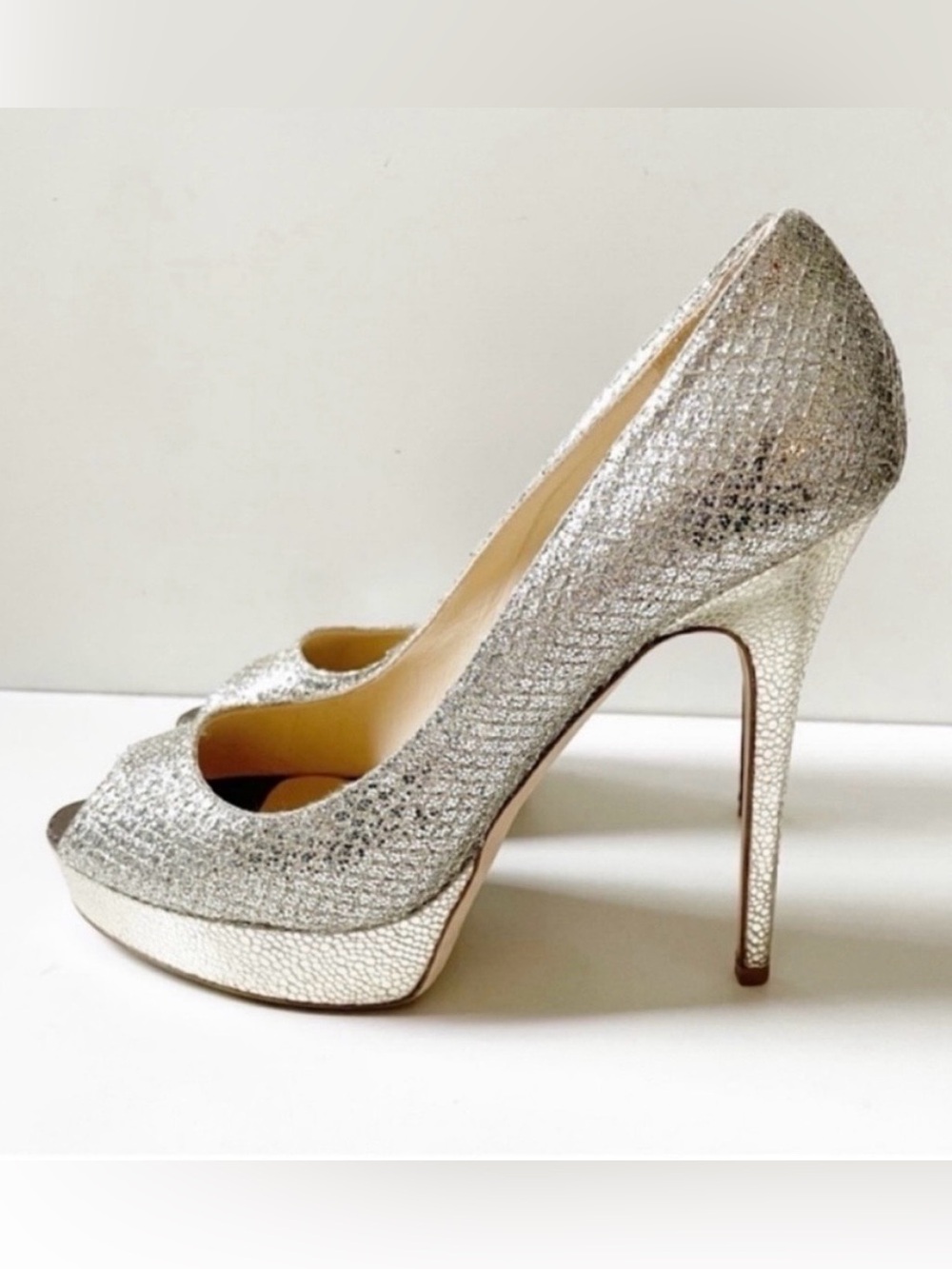 Jimmy Choo Crown Champagne Gold Platform Peep Toe Heels Size 40.5